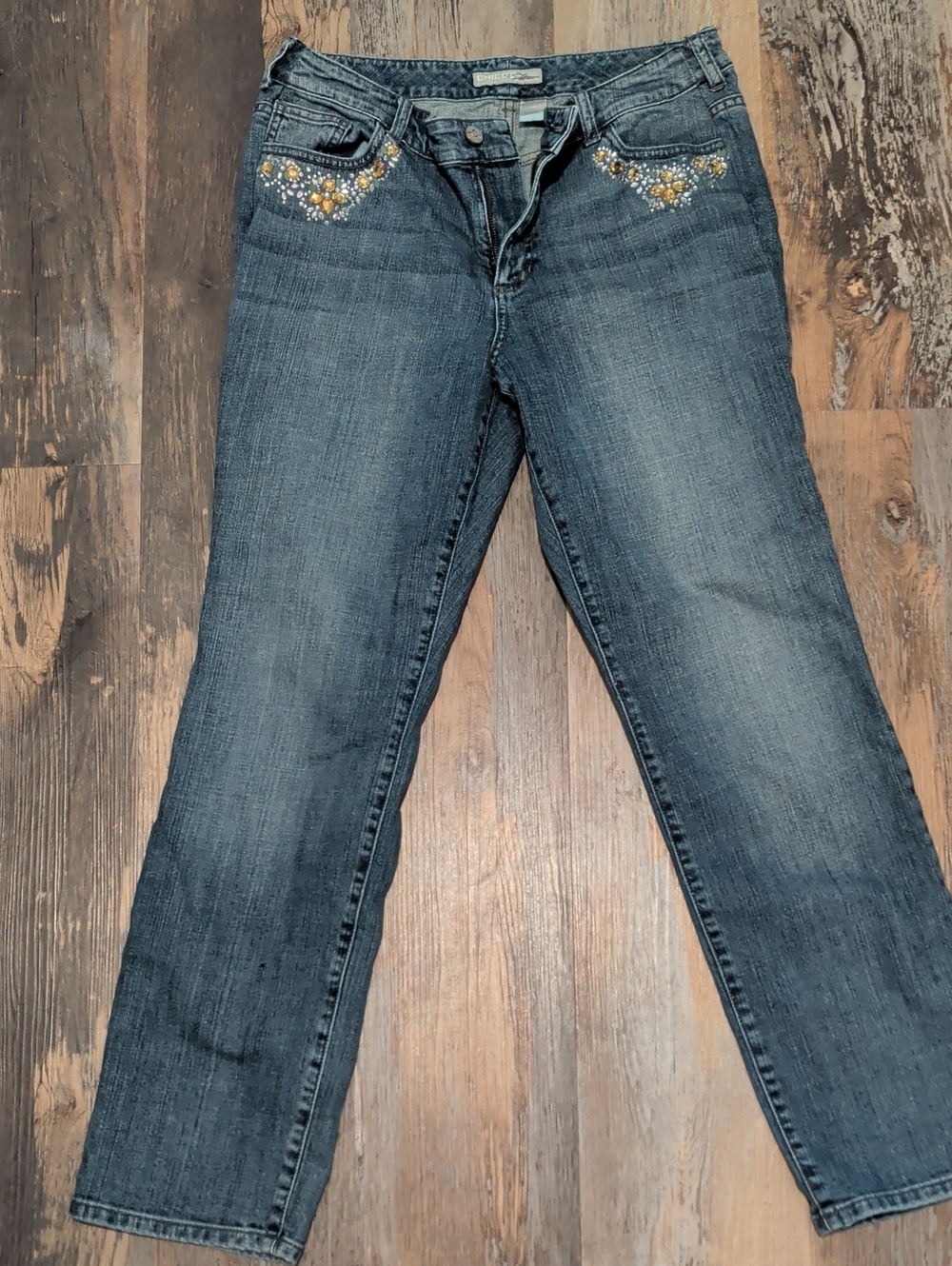 Chico's Platinum Straight Leg Dark Blue Women’s Jeans with Bead Embroidery